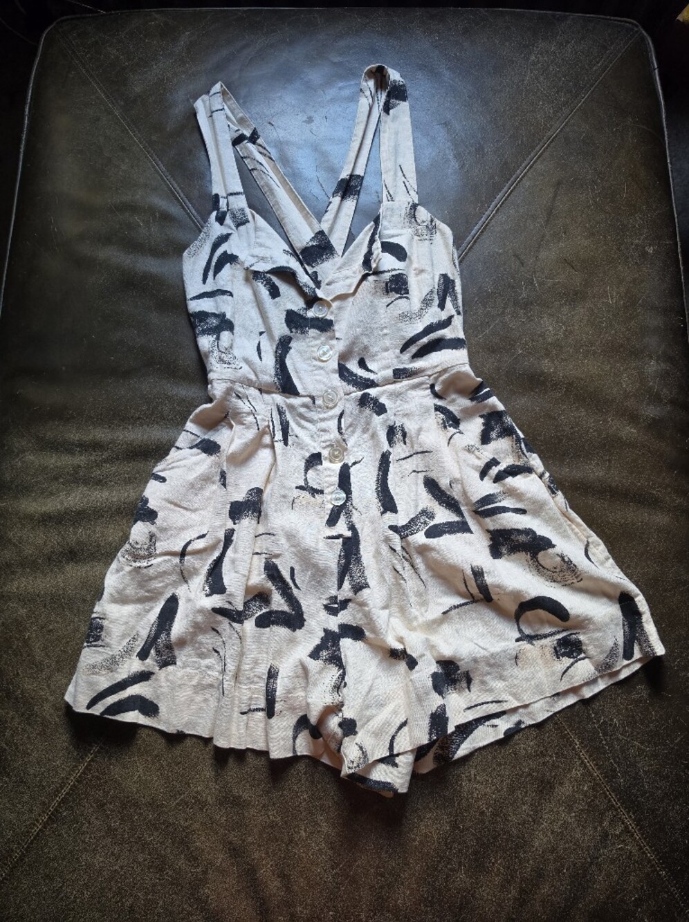 Abstract Print Romper Size XS | Cream Black Brushstroke Playsuit